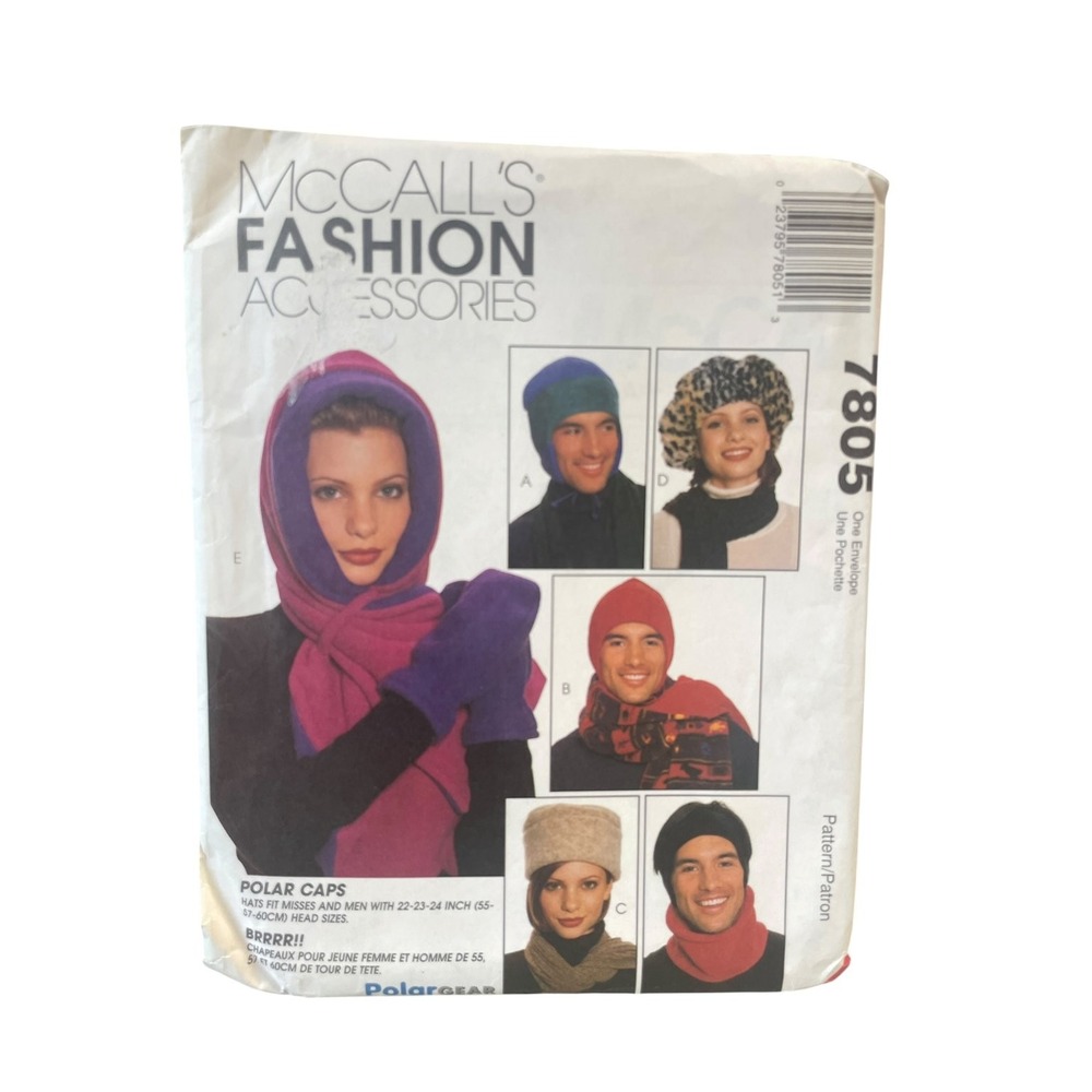 McCall's 7805 Polar Caps Hats Hooded Scarf Mittens 22-24" Head 1995 Fleece